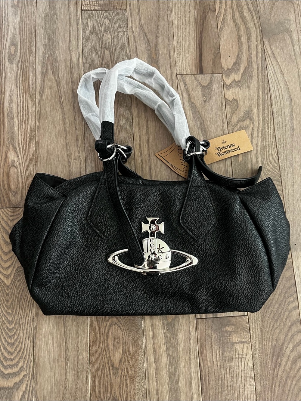 Vivienne Westwood Black Pebbled Leather Orb Tote with Silver Hardware